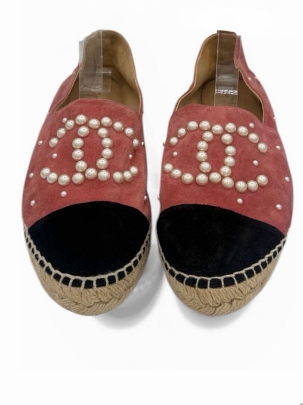 New CHANEL Rose/Black Suede Pearl Logo Espadrilles Size 38/ US 8